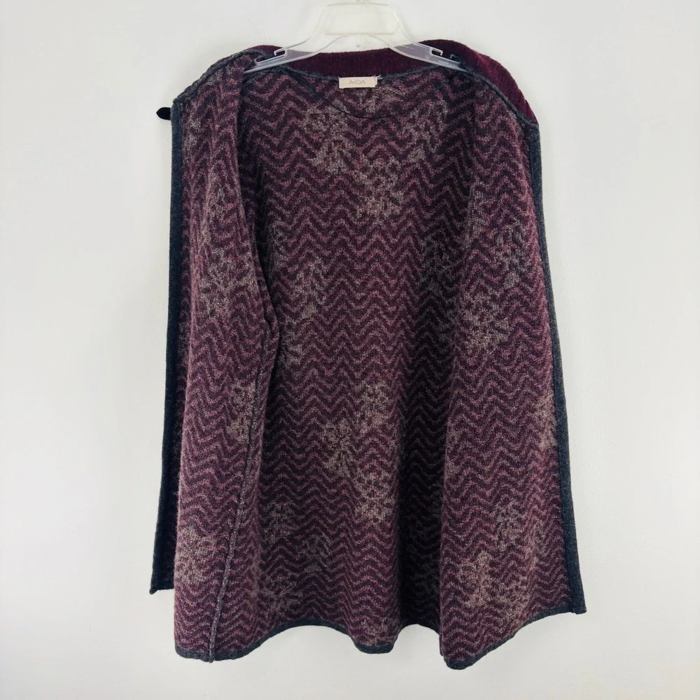A Ida Italy Made Floral Wool Luxury Long Chevron Cardigan Burgundy Buckle Neck